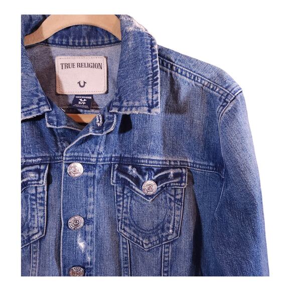 True Religion Gigi Destroyed Medium Wash Rigid Denim Trucker Jacket Women's S - Picture 5 of 8